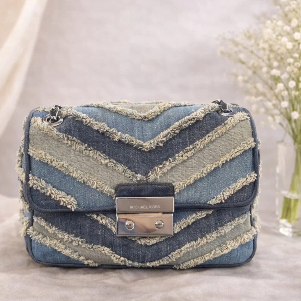 Michael Kors Sloan Small Denim Chevron Patchwork MK Silver Chain Shoulder Bag
